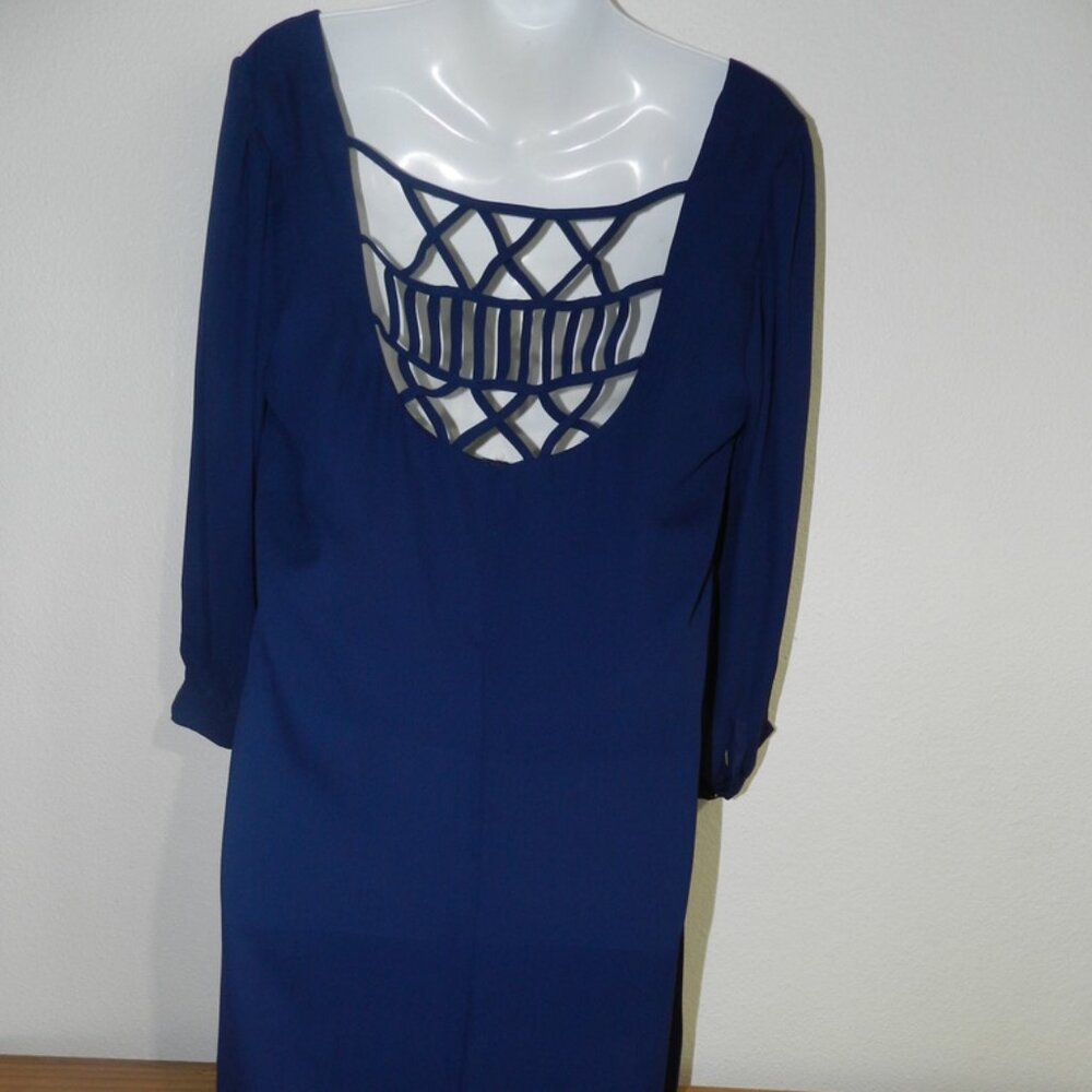 Elegant Navy Blue Chiffon 3/4 Cuff Sleeve Geometric Open Back Fully Lined Dress